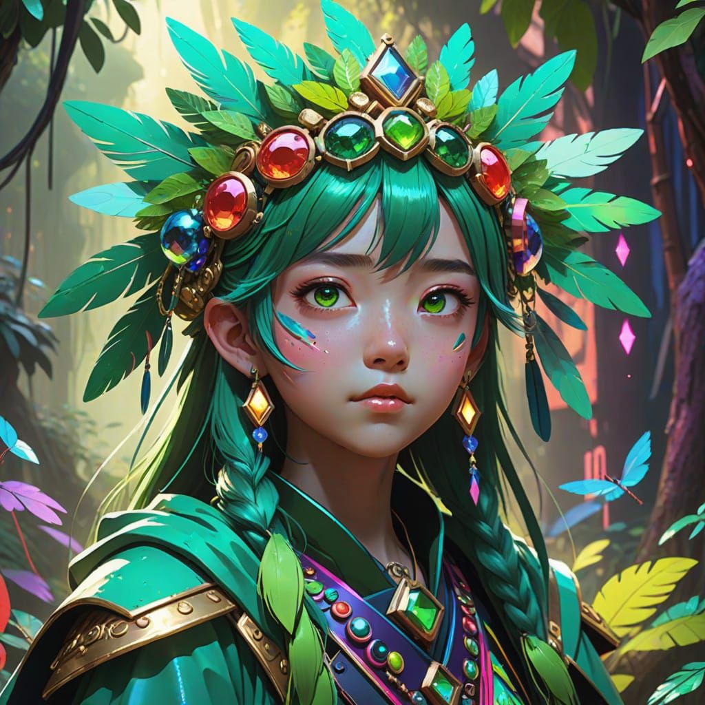 Amazonian Green Gemstone Tribe Member in Vibrant Headdress A...