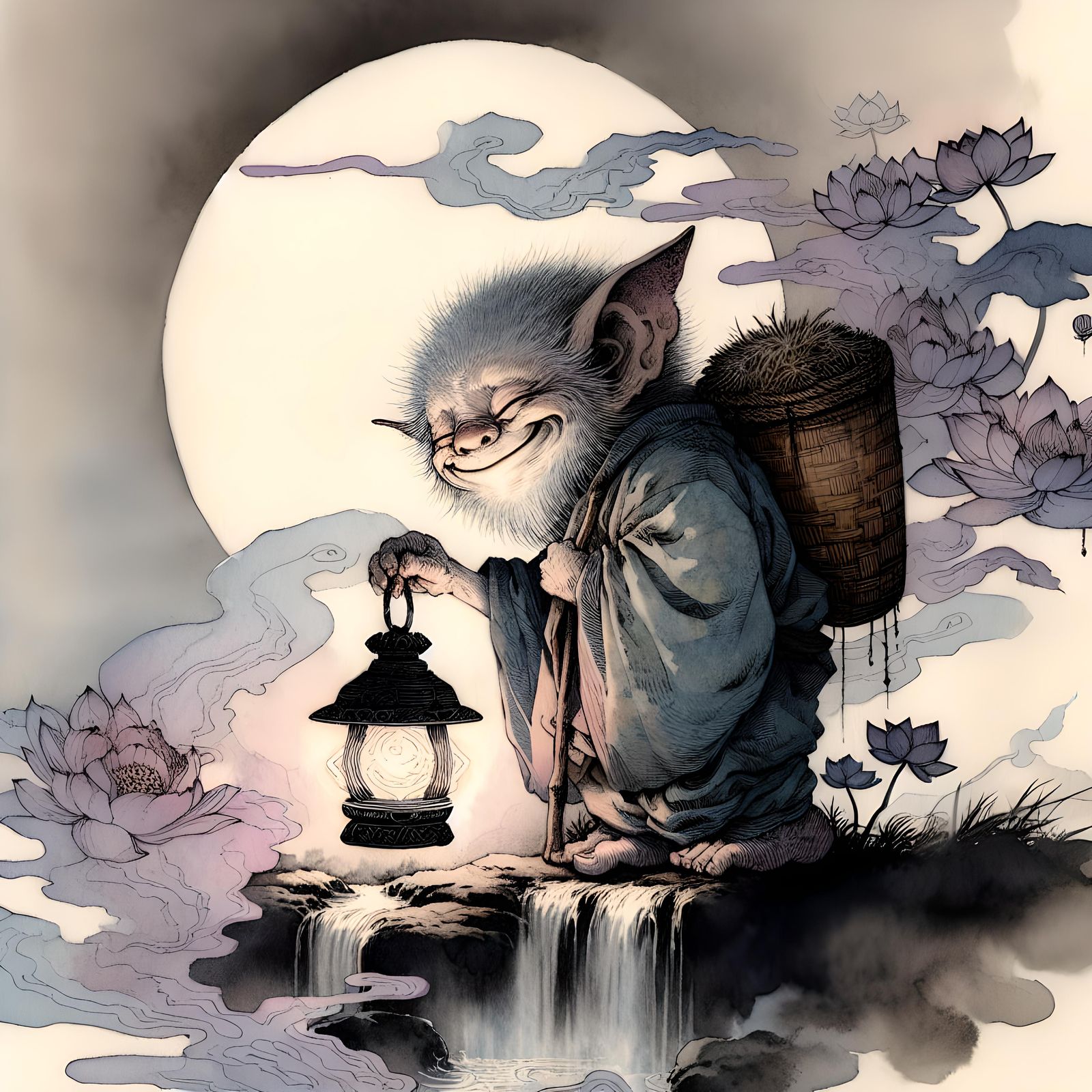 Gremlin in Ukiyo-e Style Carries Lantern Through Mist