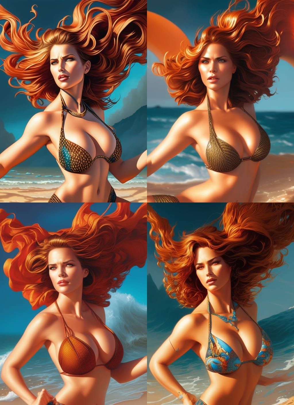 Voluptuous Model on Beach in Hyperrealistic Comic Art