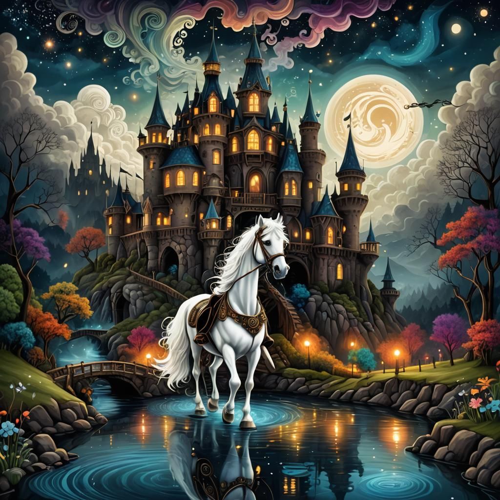 Steampunk Castle Floating on Stream Under Starry Night