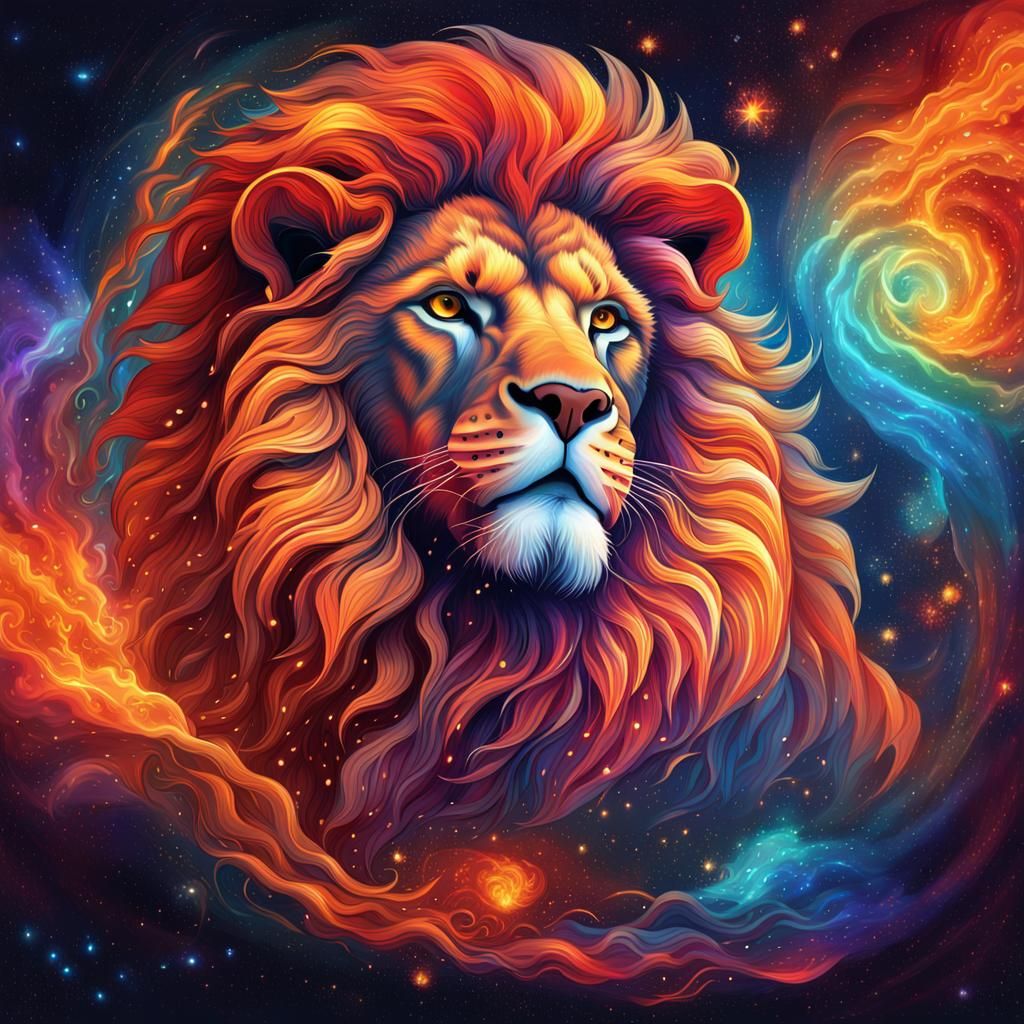 Leo Zodiac Lion in Holographic Astral Illustration
