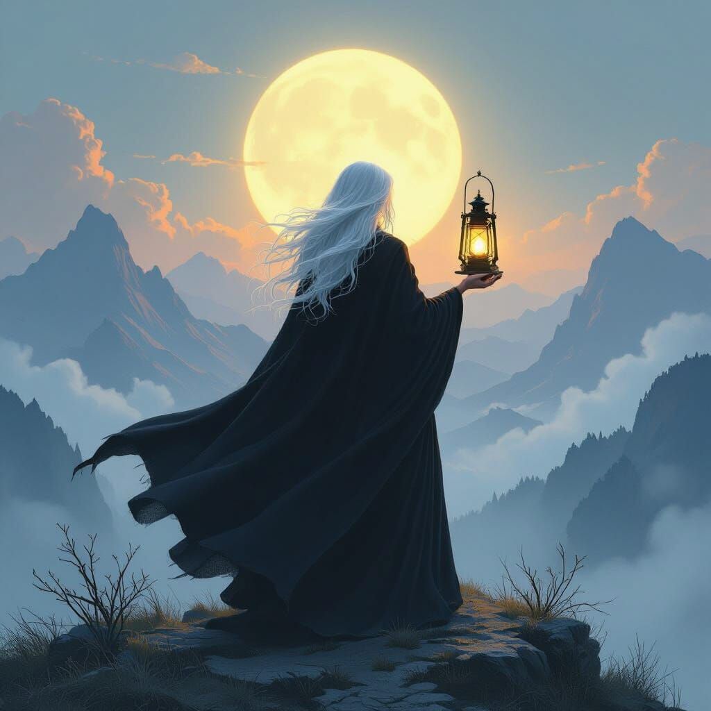 Mystical Witch on Mountaintop in Matte Painting Style