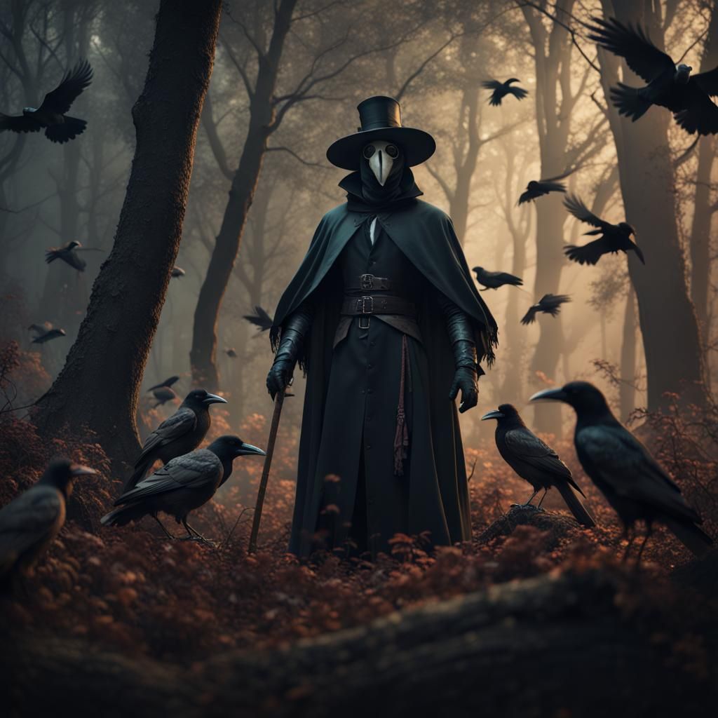 Plague Doctor in Dark Forest: Detailed Matte Painting