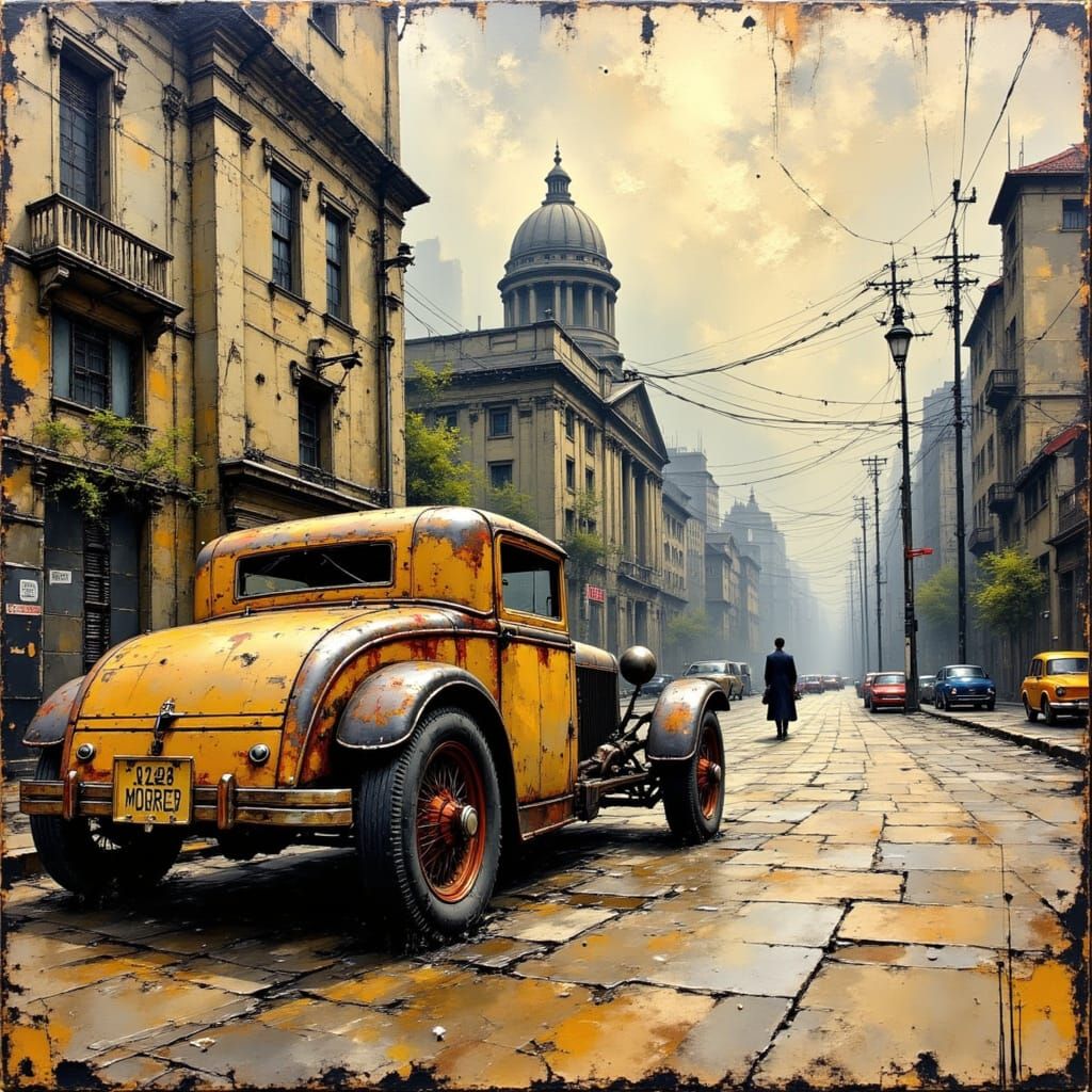 1920s Street Scene with Vintage Car, Impasto Style