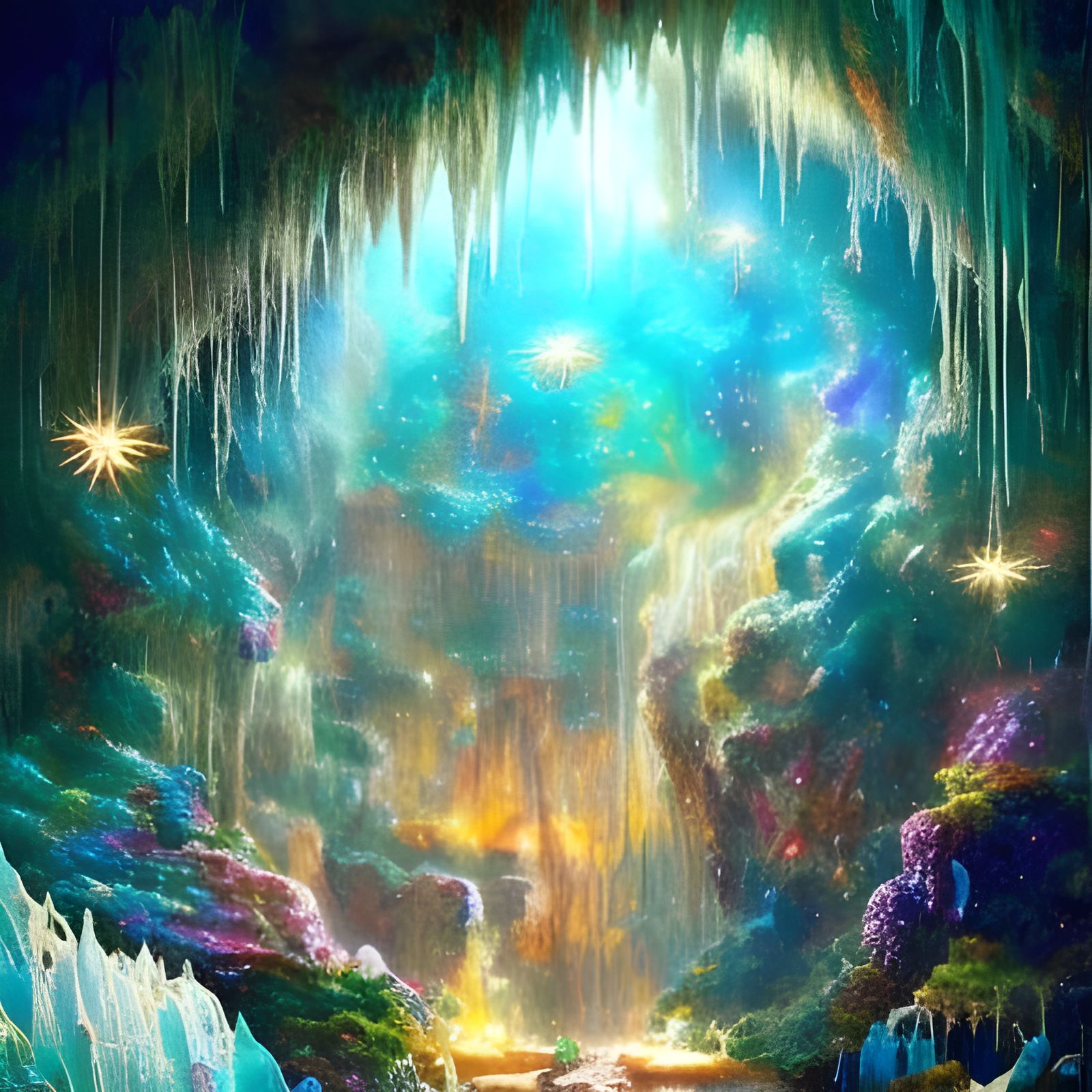 Glowing Crystal Cave with Colorful Geodes