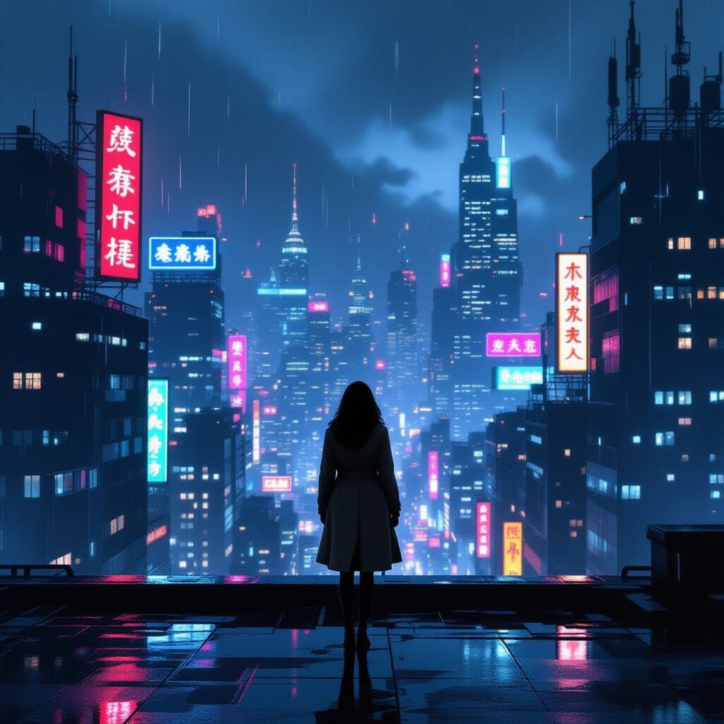 Futuristic City Rooftop at Dusk in Noir Style