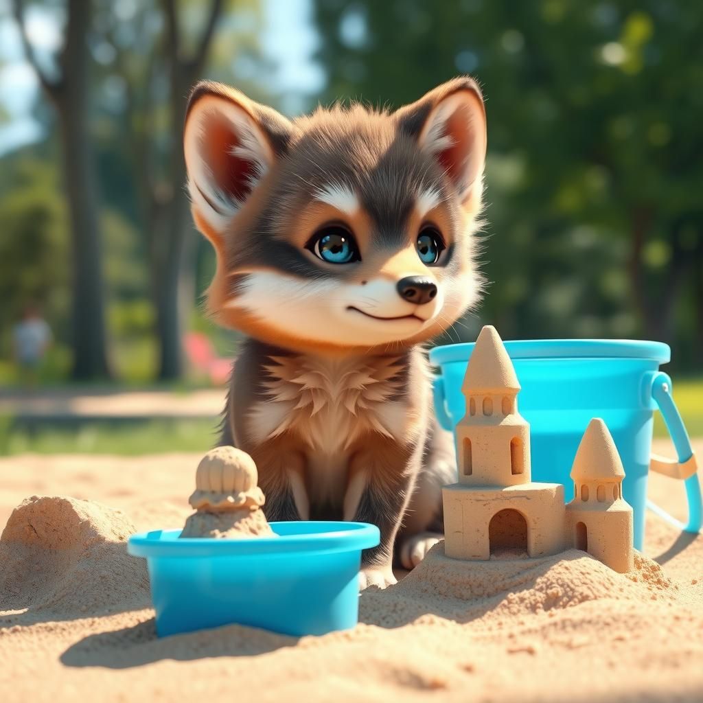 Adorable Wolf Cub in Sandpit, 3D Anime Art