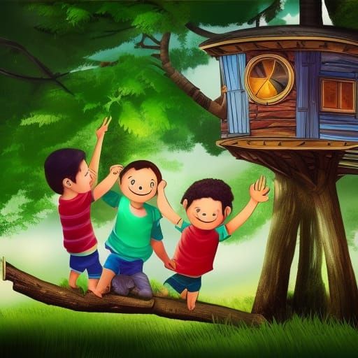 Hyperrealistic Treehouse Construction with Children