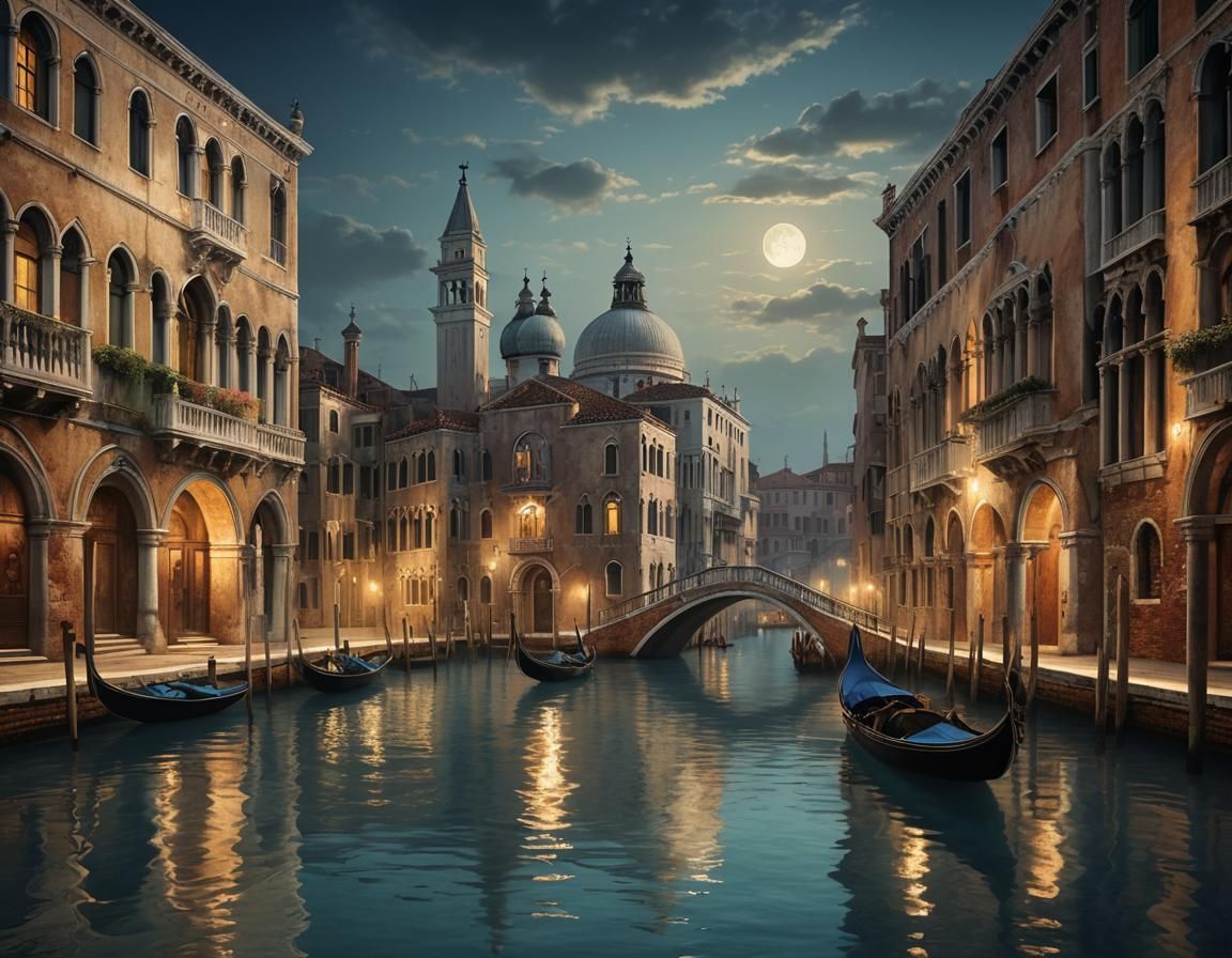 Moonlit Gondola on Calm Venice Canal