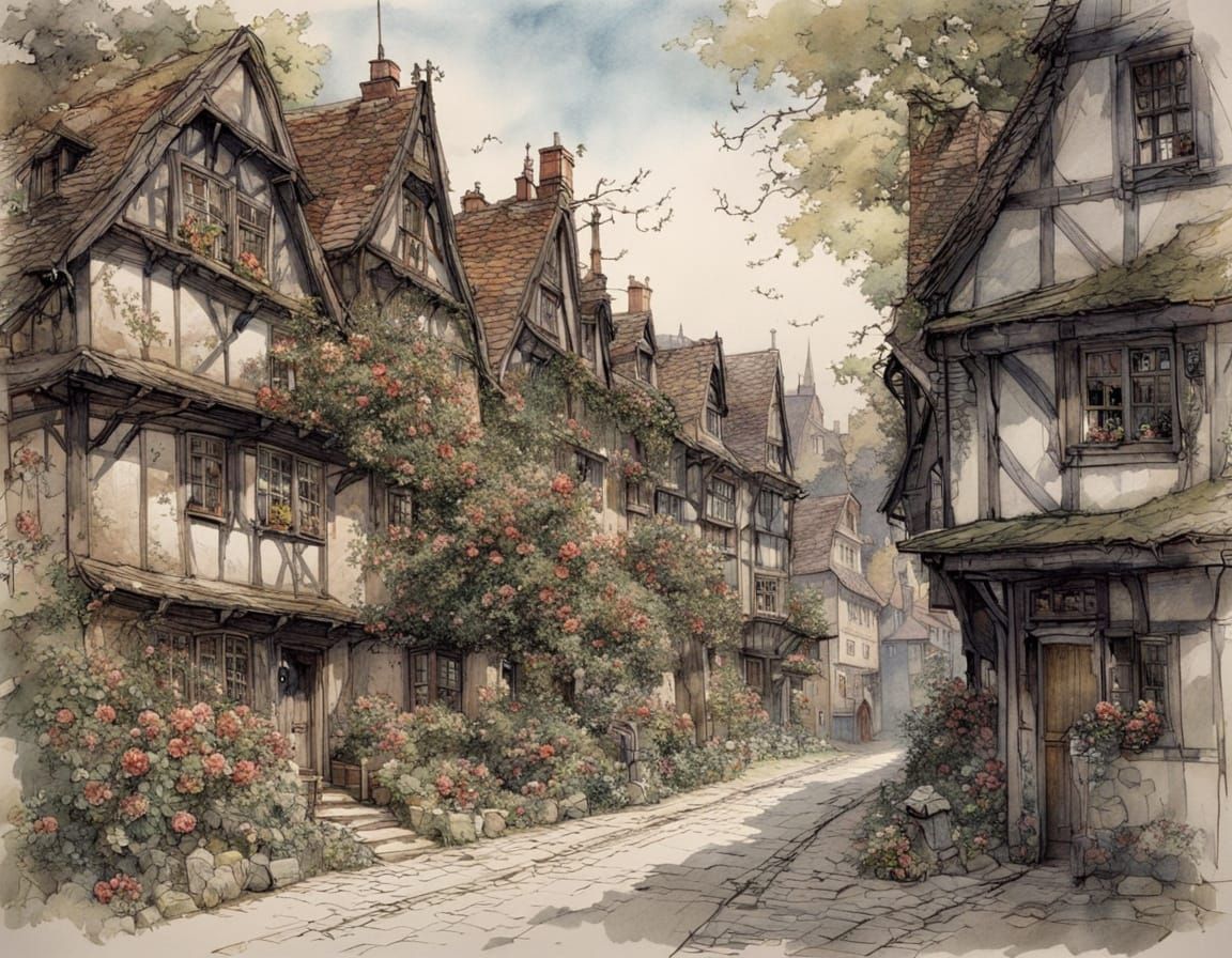 Whimsical Street Scene with Half-Timbered Houses and Bloomin...