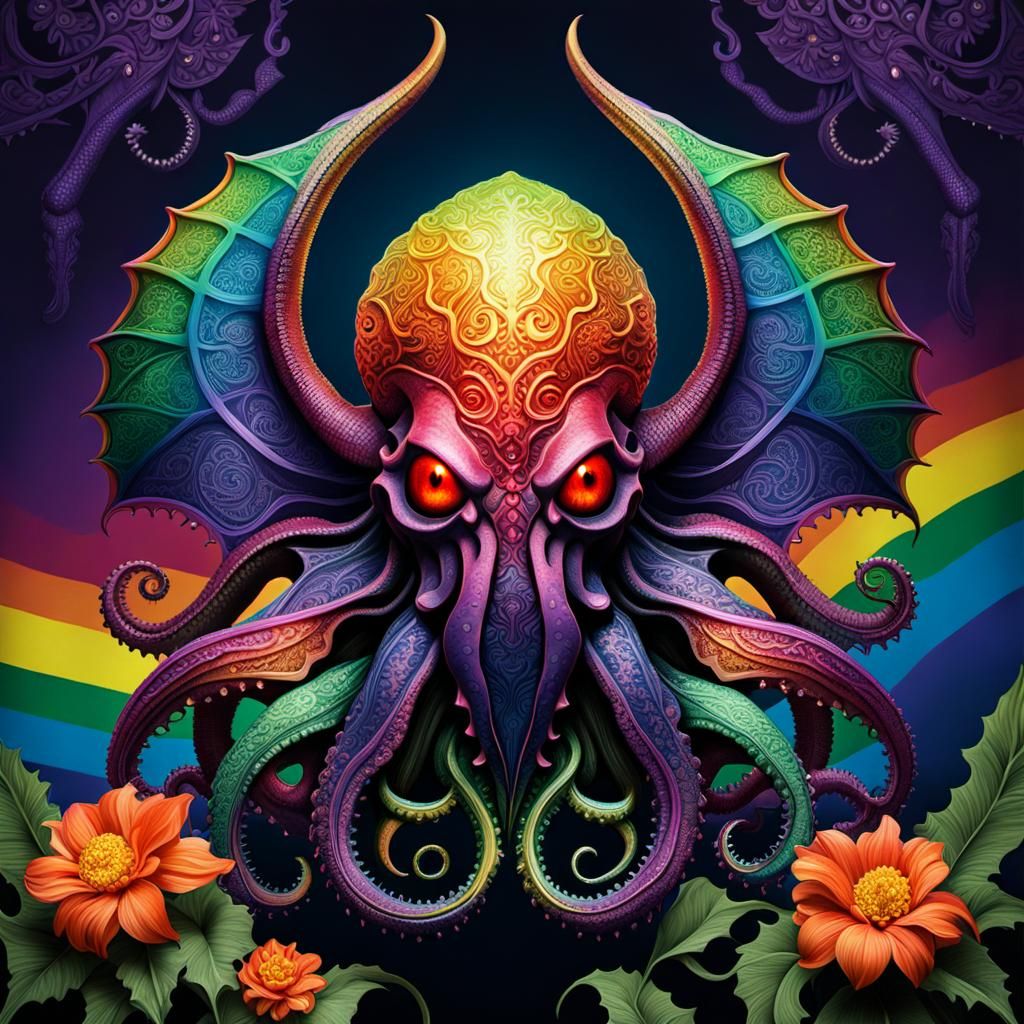 Rainbow Cthulhu with Flowers in Art Nouveau Style