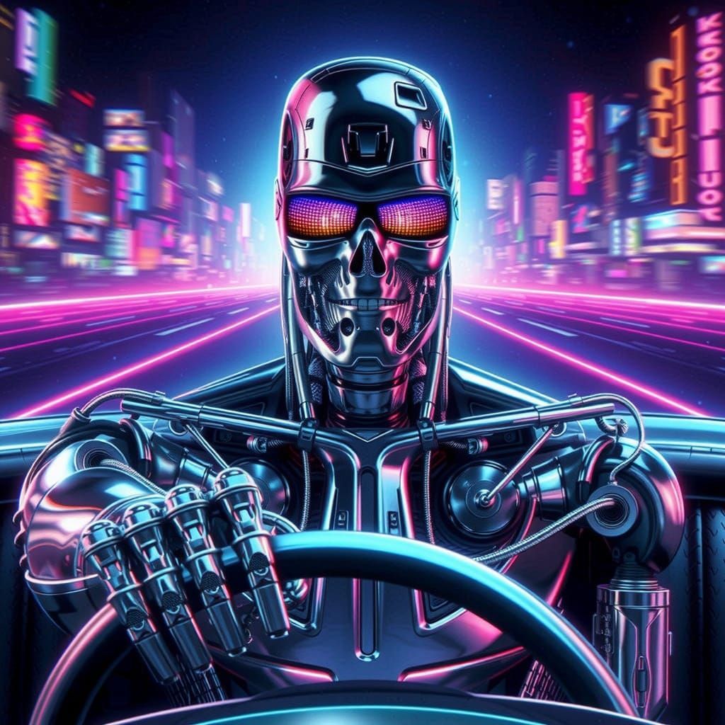 Cyberpunk Terminator Drives Futuristic Car on Neon Highway