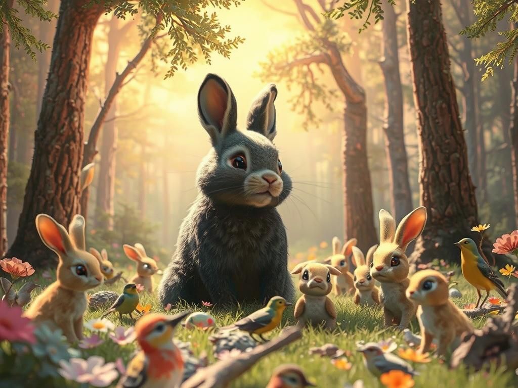 Whimsical Forest Scene with Bunnies in 3D Lenticular Style