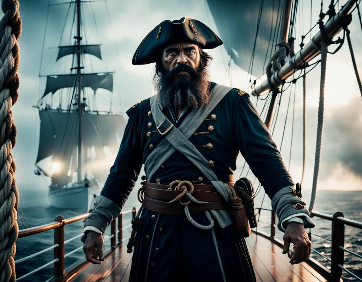 Blackbeard on Deck in Cinematic Film Still
