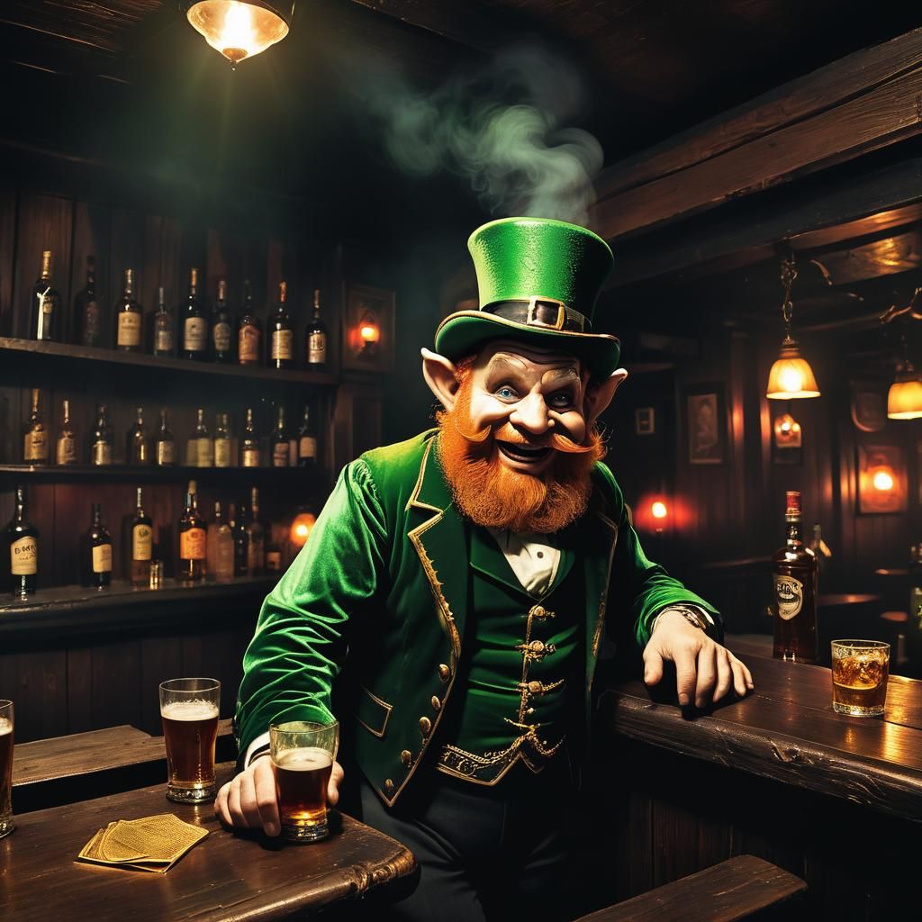 Drunken Leprechaun in Gothic Dive Bar Scene
