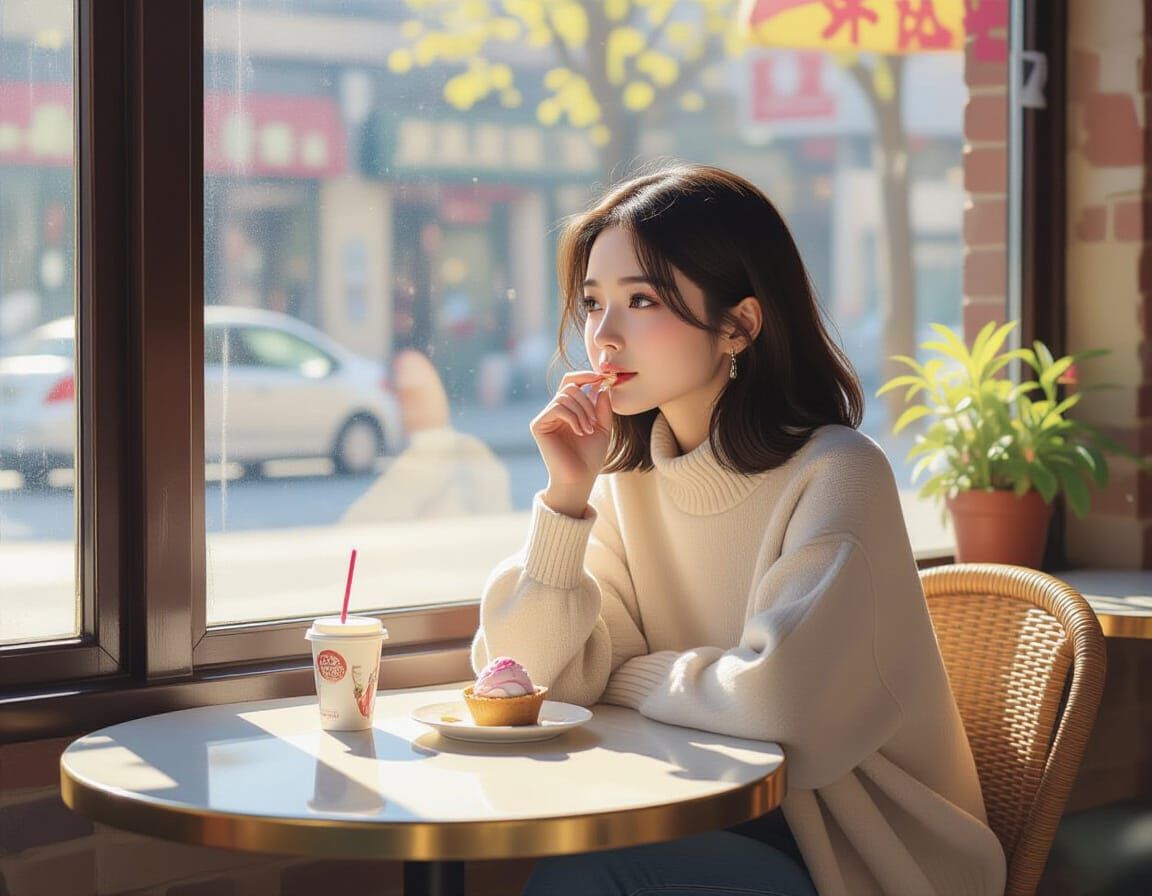 Woman Contemplating Over Ice Cream in Cafe