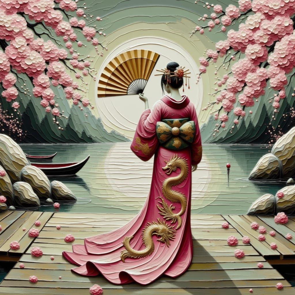 Elegant Pink Kimono in Zen Garden, Hudson River School Style