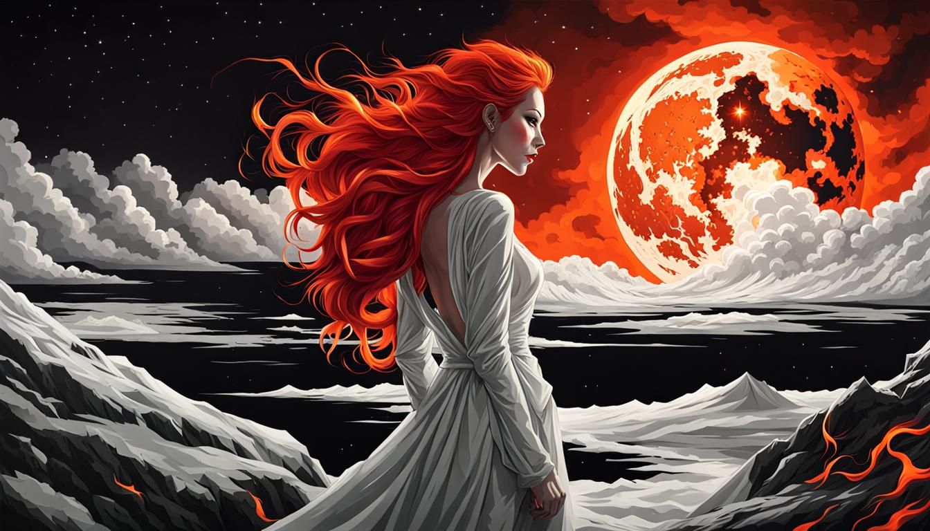 Haunting Redhead Demon in Hellscape with Red Moon