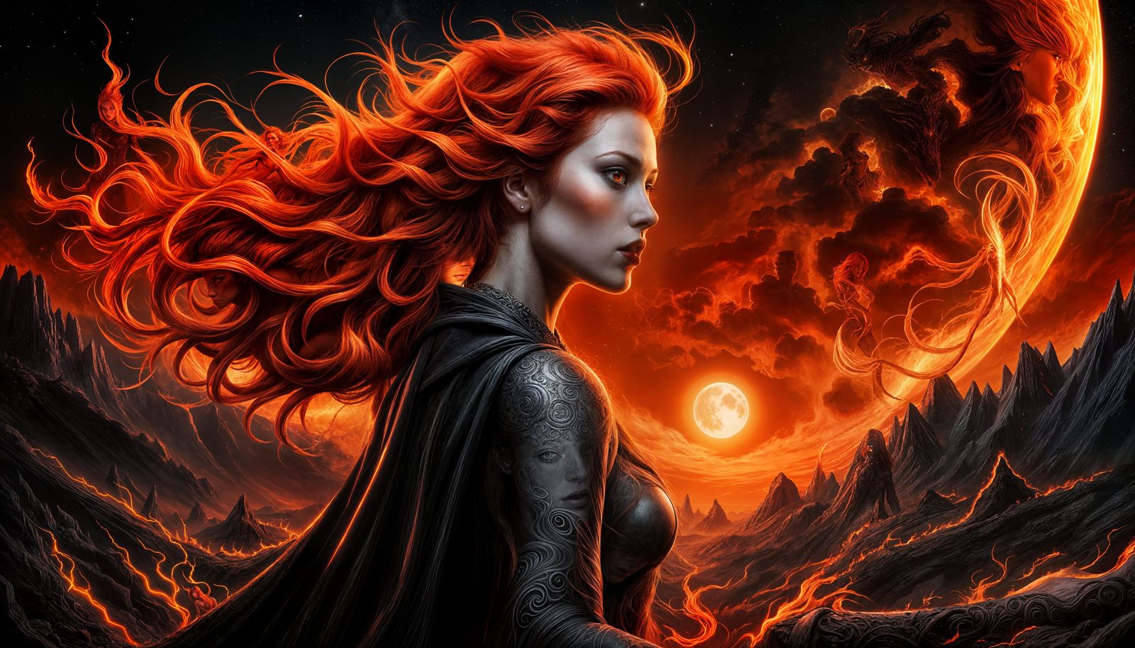 Haunting Redhead Demon in Fiery Hellscape