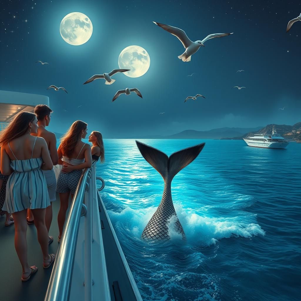 Greek Island Ferry Voyage Under Moonlight