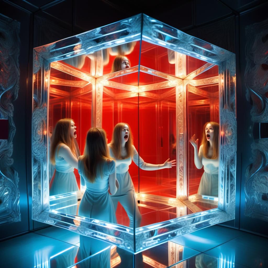 Woman Trapped in Hypercube of Infinite Mirrors