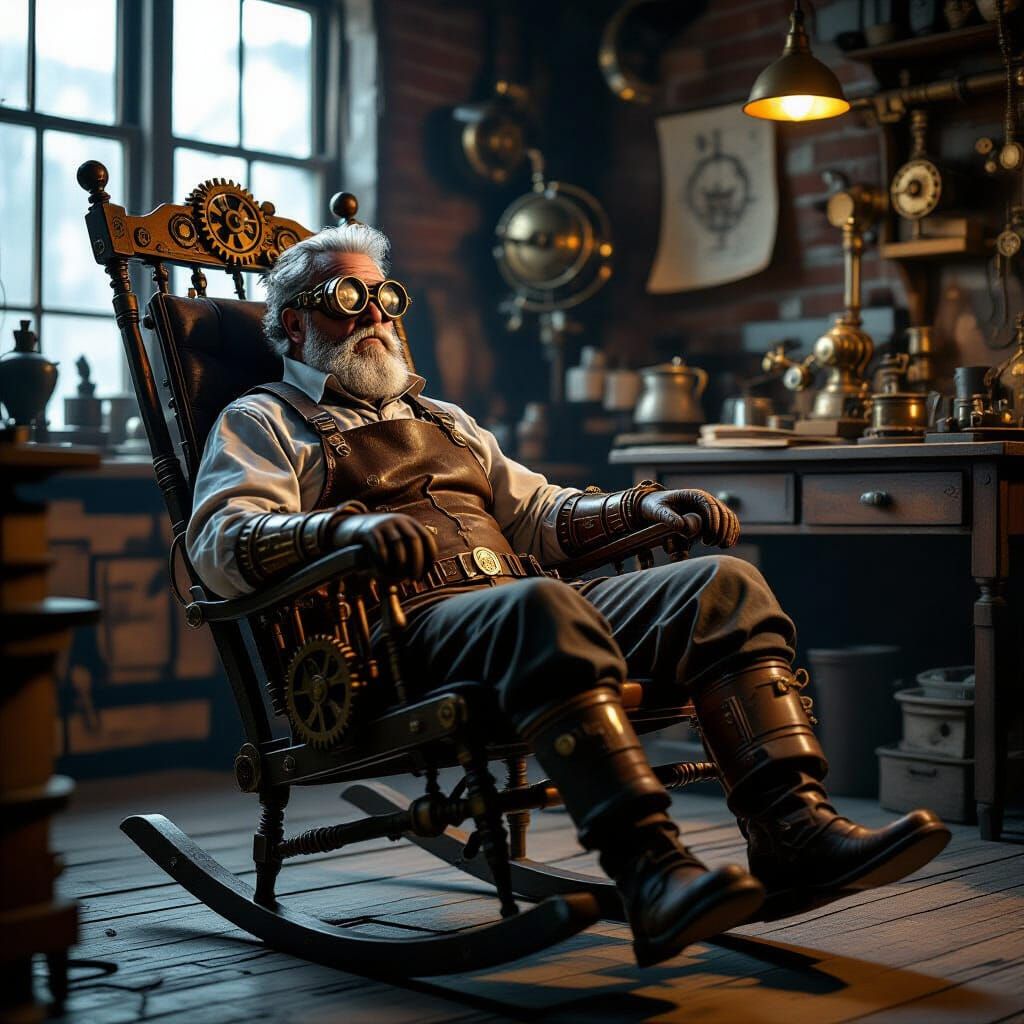 Steampunk Inventor in Workshop with Cinematic Lighting
