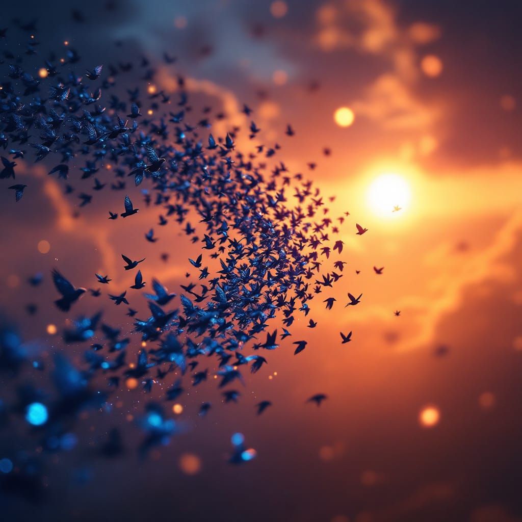 Starlings Murmuration at Sunset in Dreamlike Rendering