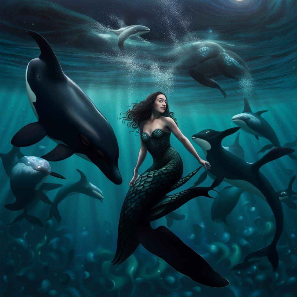Mermaid Swimming with Orcas in Ocean