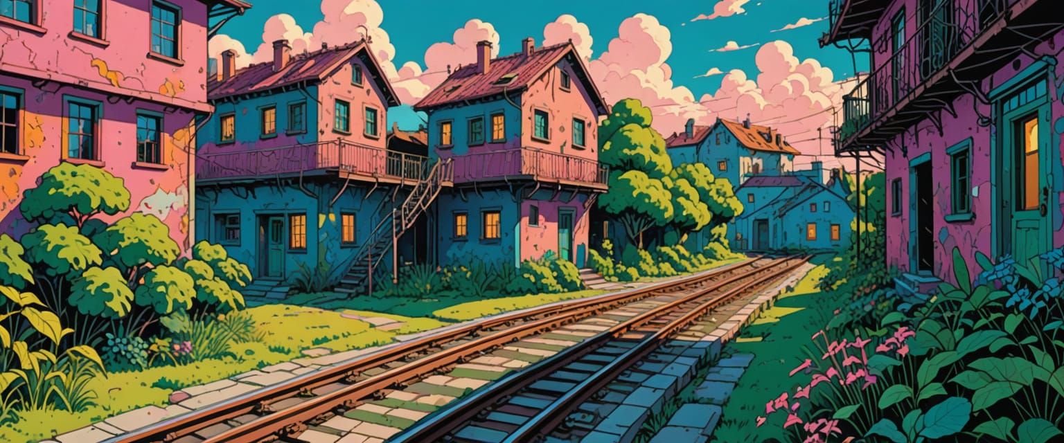 Comic Book Industrial Landscape in Watercolor Gouache Style