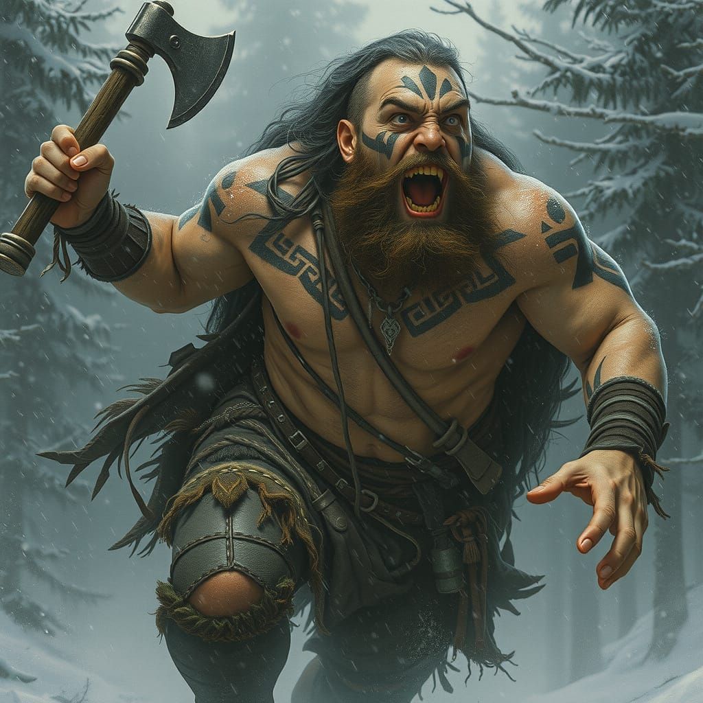 Viking Berserker Charge in Snowy Forest