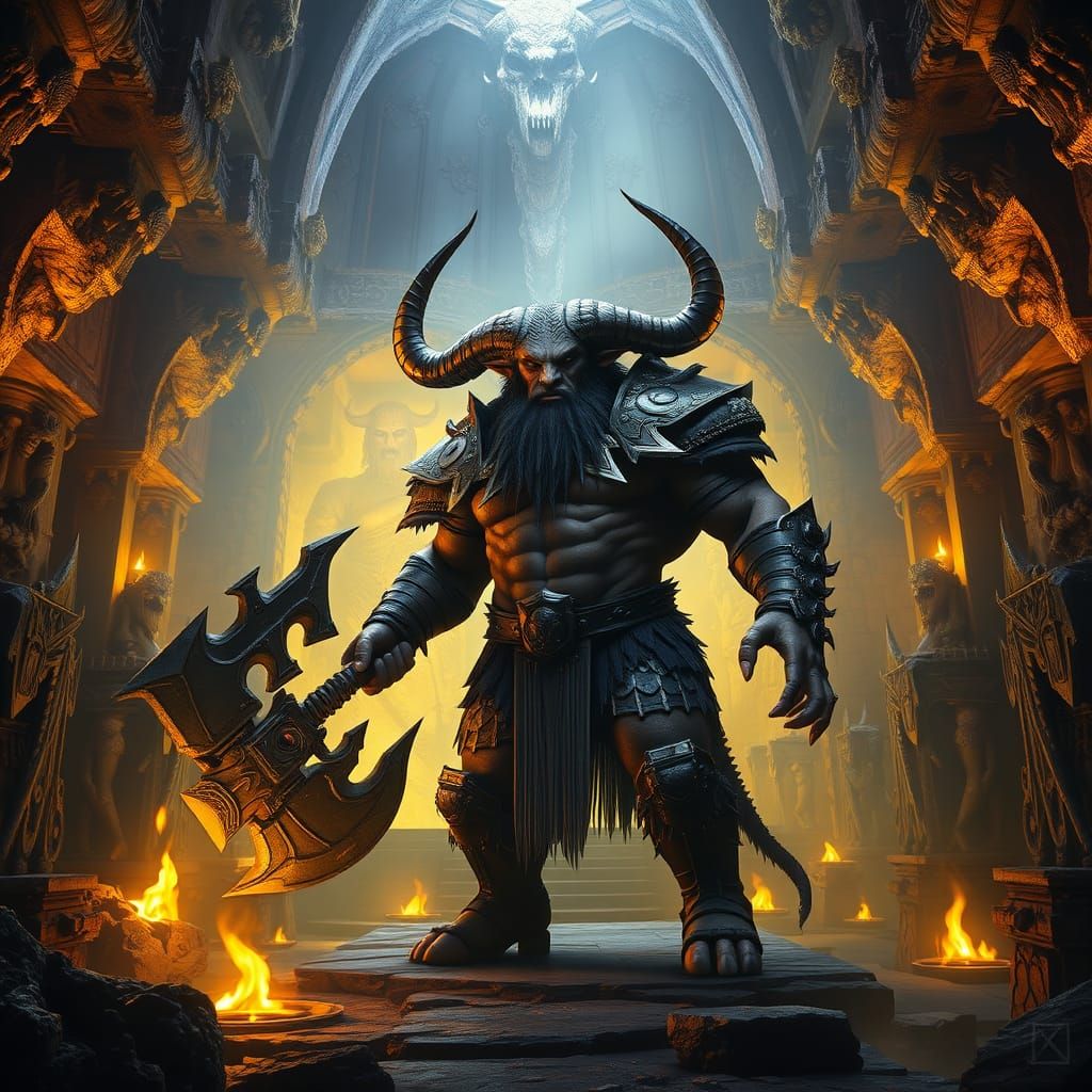 Dark Fantasy Minotaur in Battle-Worn Armor Stands in Crypt