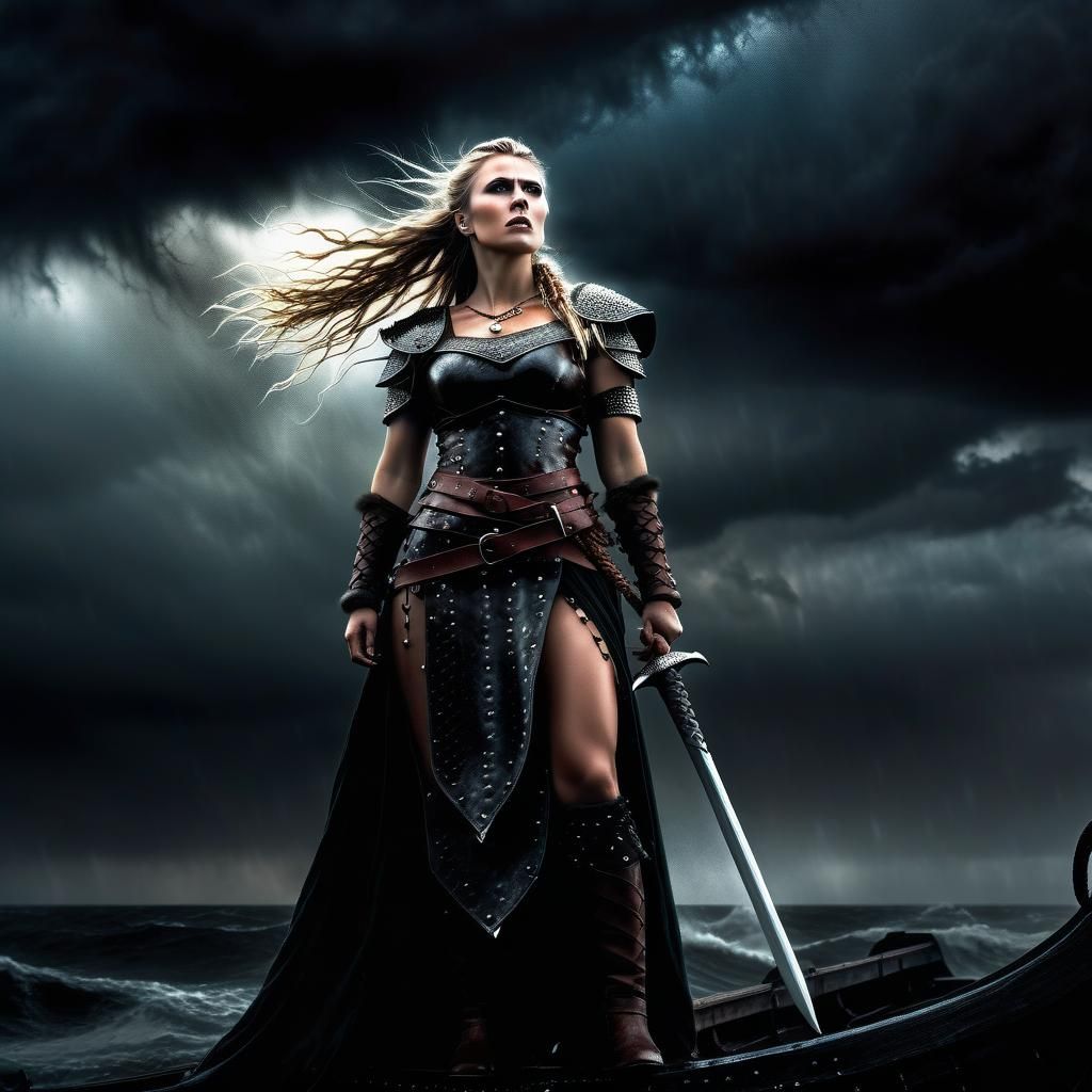Viking Warrior Stands Defiant Against Stormy Sky