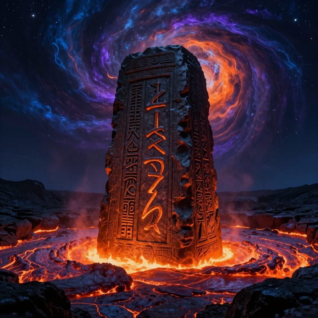 Eldritch Monolith in Lava Lake Under Cosmic Sky