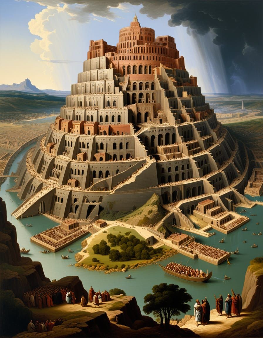 Dramatic Landscape Painting of the Tower of Babel