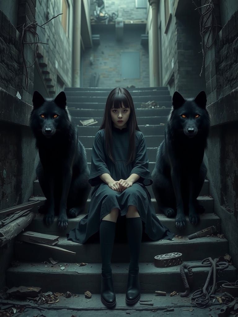 Girl Surrounded by Wolves in Abandoned Cityscape
