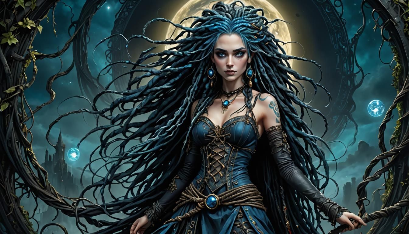 Beautiful Witch with Blue Hair, Detailed Fantasy Art