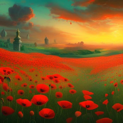 Colorful Sunset Over Hyperdetailed Poppy Field