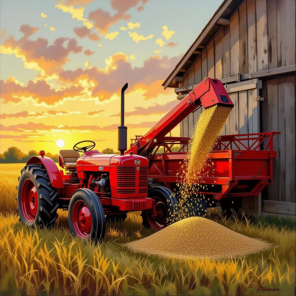 Vintage Tractor Harvesting Grain into Chabasin in Golden Hou...