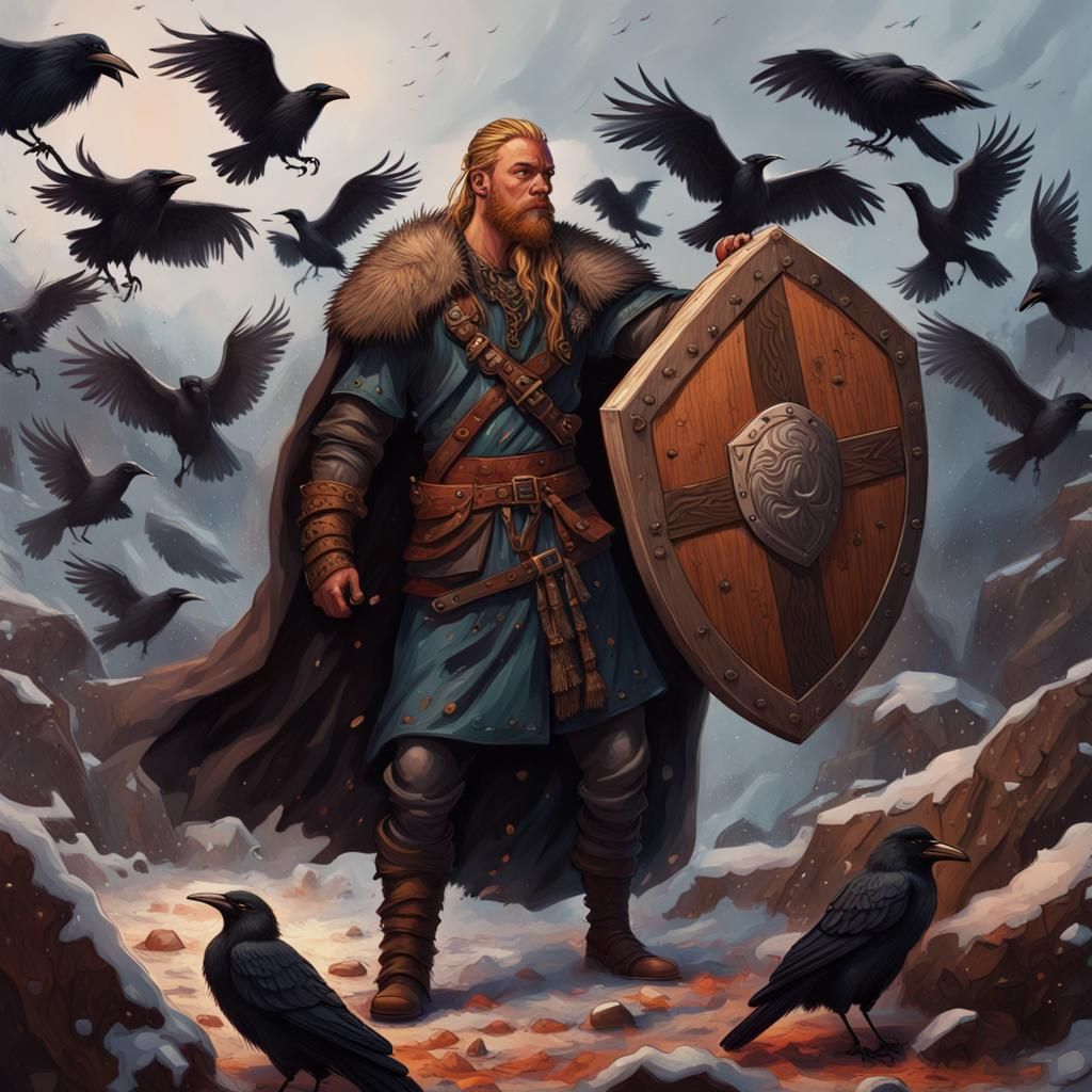 Hyperrealistic Viking Warrior with Ravens