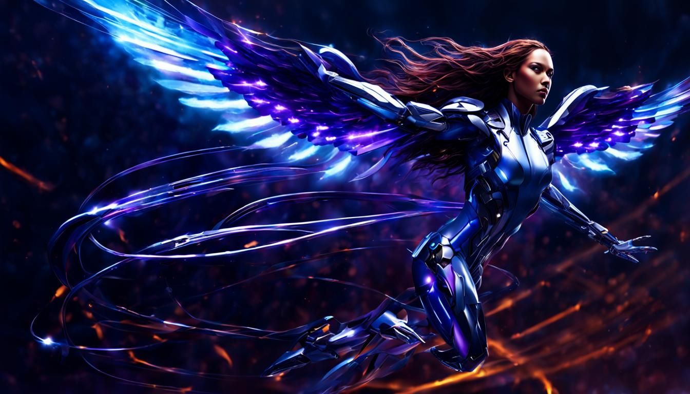 Cyborg Angel with Metal Wings in Futuristic Style