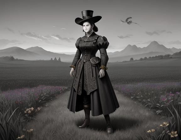 Steampunk Woman in Field, Beatrix Potter Style