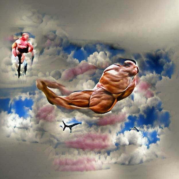 Bodybuilder Flies: Surreal Skybound Strength
