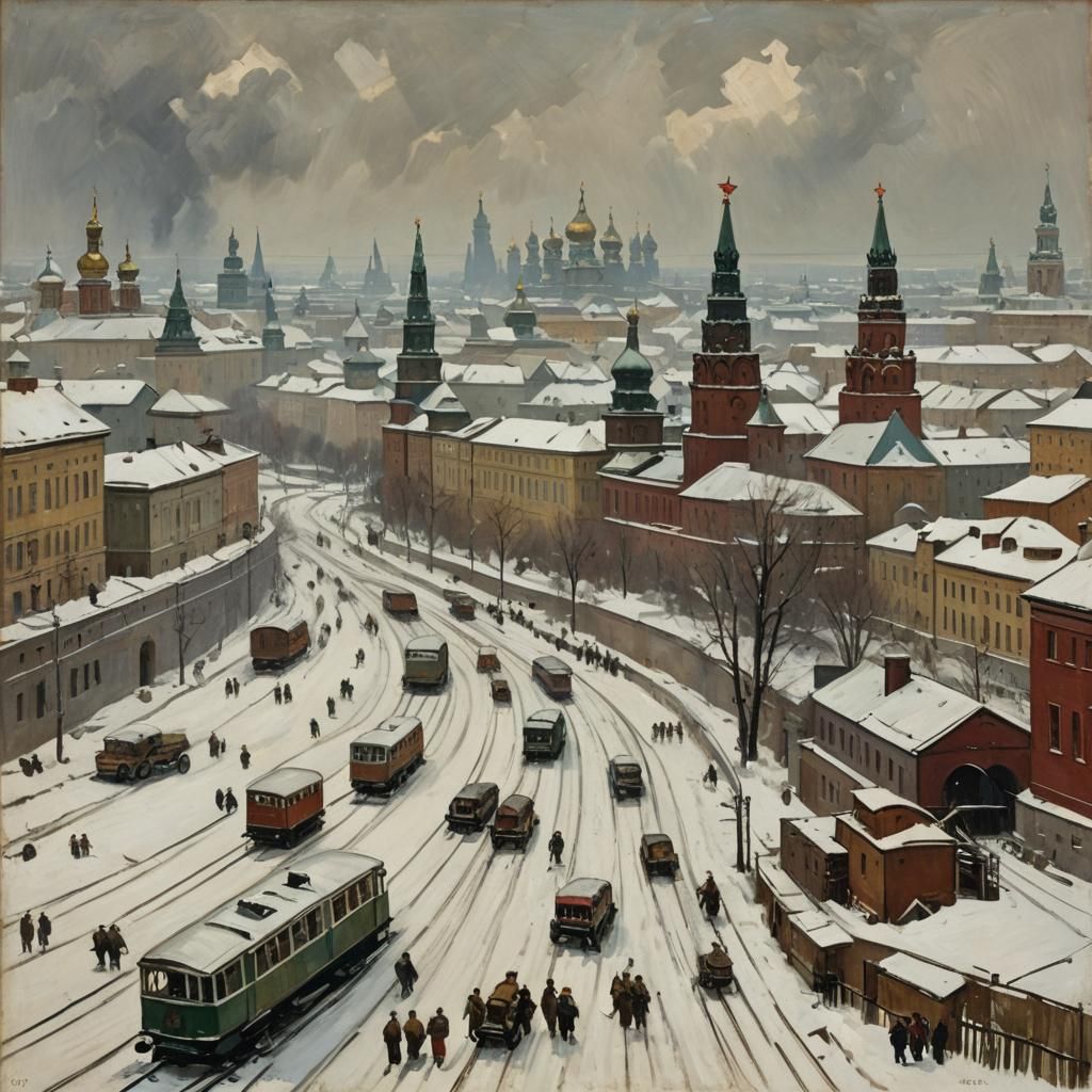 Moscow Street Scene in the Style of Yuri Pimenov