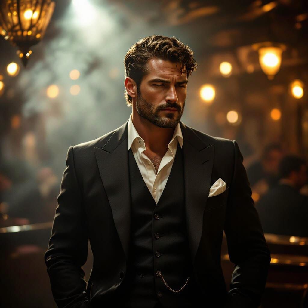 Muscular Man in Dimly Lit Parisian Cabaret