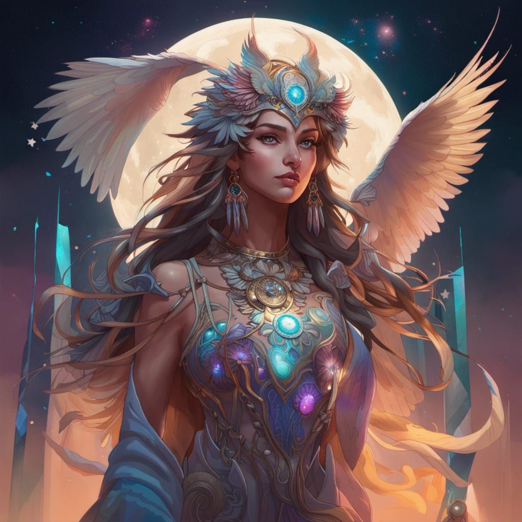 Majestic Owl Goddess in Moonlight: Detailed Concept Art