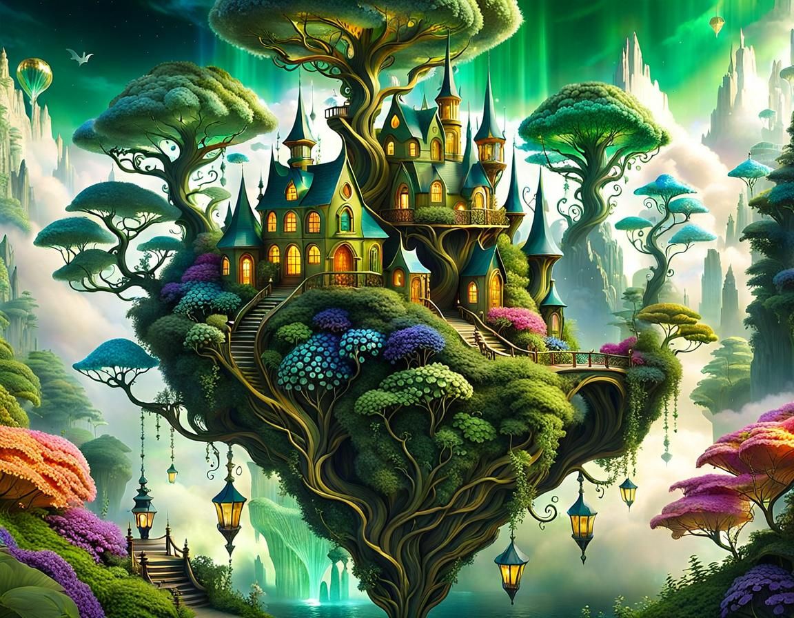 Crystal and Gold Floating City in Enchanted Landscape