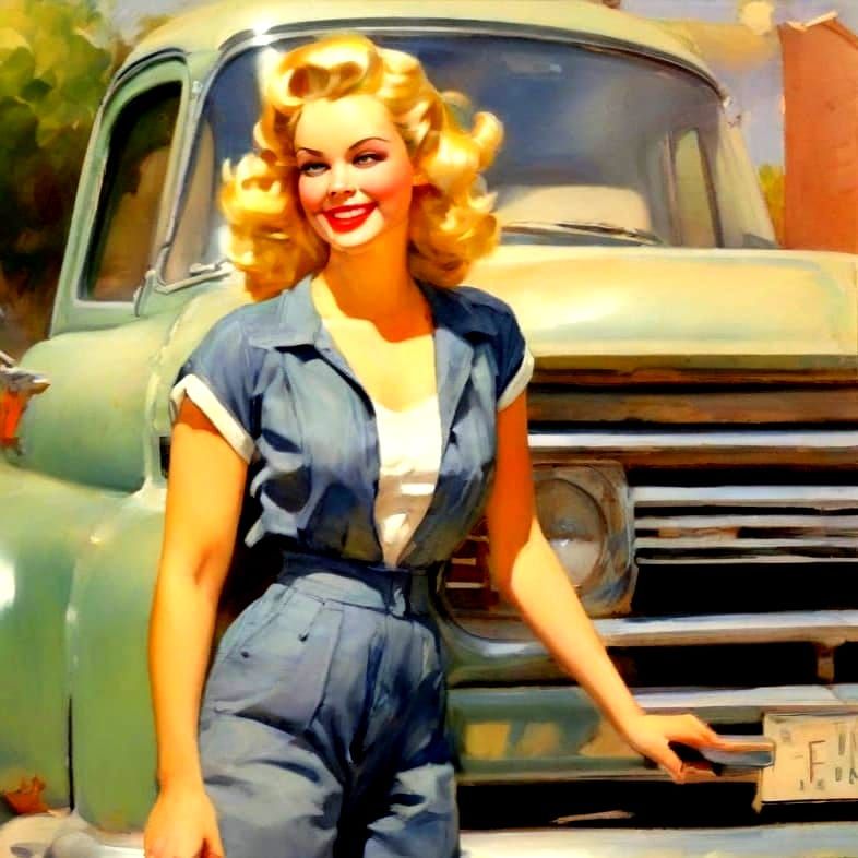 Pin-Up Girl Poses With Pick-Up Truck in Watercolor