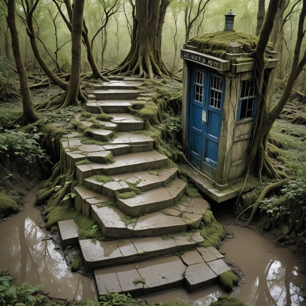 Dystopian Tardis Sculpture in Flooded Wasteland