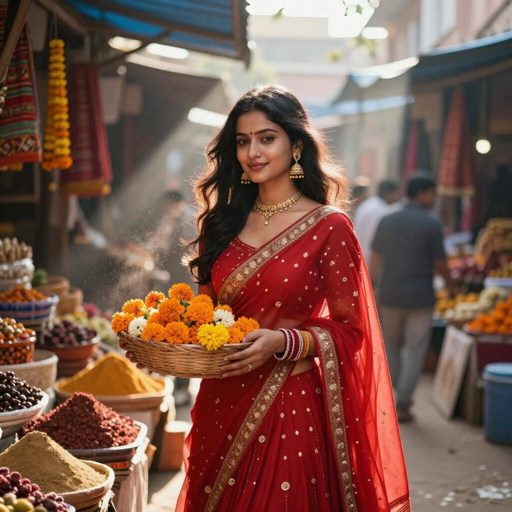 Woman in Red Lehenga in Bustling Indian Market