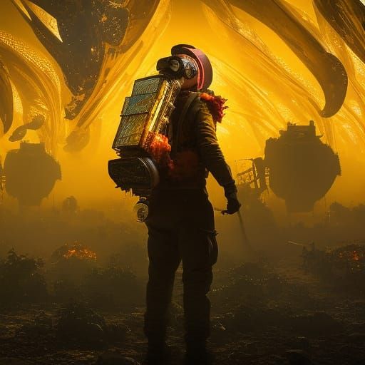 Honey Volcano Mural with Gas Mask Bee, Artstation Style